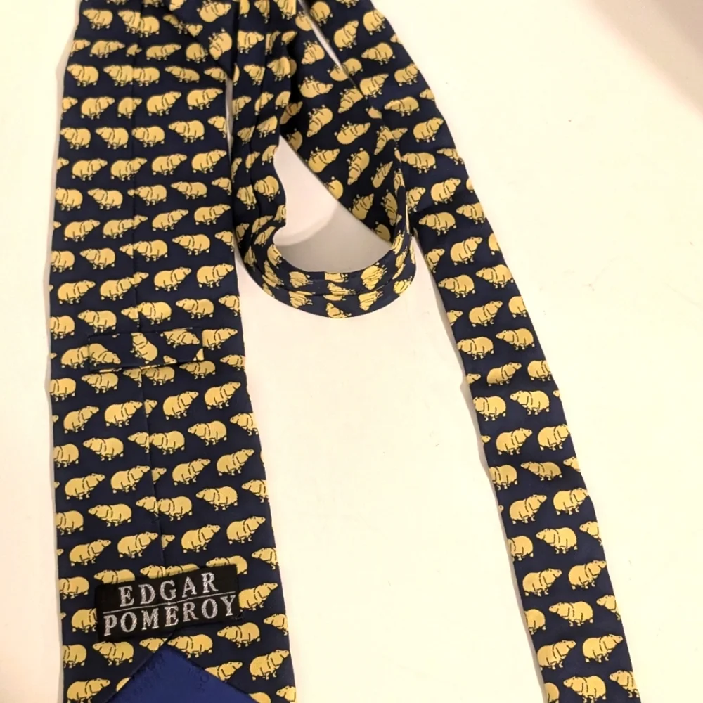 Edgar Pomeroy Navy‎ and Yellow 100% Silk Handmade in England Hippo Motif Tie